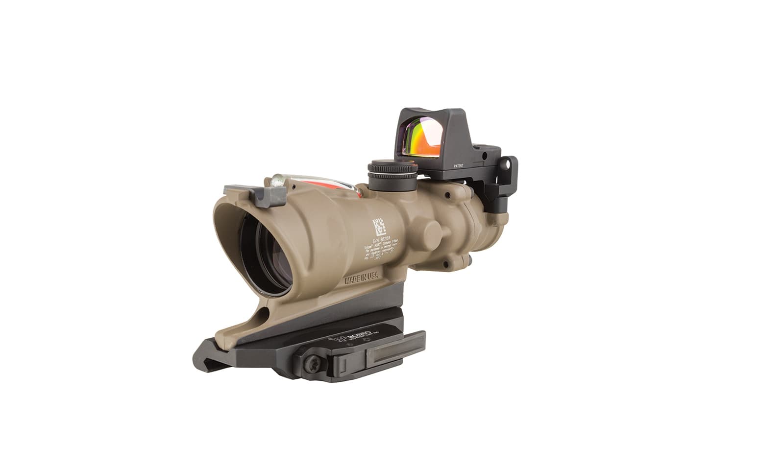 Прицел Trijicon ACOG 4x32 ECOS, Dual Illum. Red Crosshair 5.56 Reticle w/ Backup Iron Sights & RMR Type 2 Red Dot 3.25 MOA, FDE, QD Bobro Picatinny